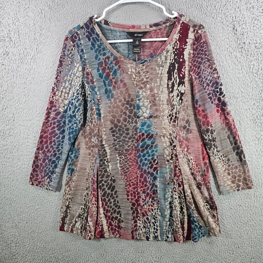 Ali Miles Womens Small Abstract Snake Print V-Neck 3/4 Sleeve Tunic Top Burgundy